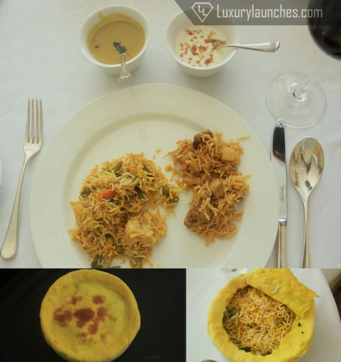 L to R(on plate): Sheesh Subz Pulao, Murgh ki Tehri Accompaniments (L to R): Chicken broth gravy + Roasted garlic curd