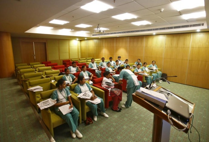 Nurses attend a training session at the Fortis Memorial Hospital at Gurgaon
