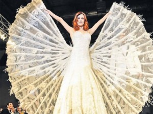 One million Swarovski crystals add oomph to this designer wedding dress