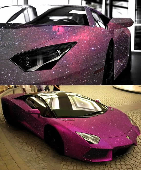 Lamborghini Aventador rides with pink galaxy paint all over it
