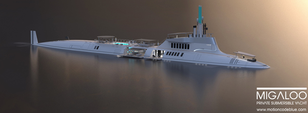 Migaloo luxury submarine concept converts into a yacht and has a pool
