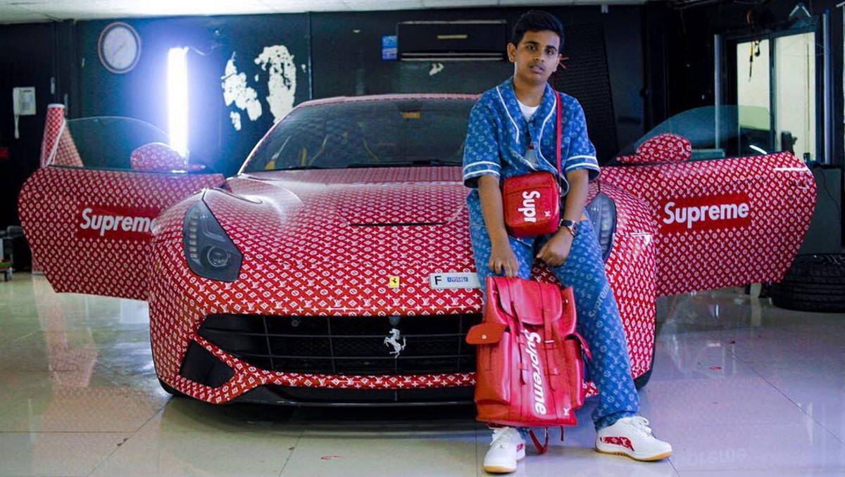 A rich kid in Dubai shows love for Louis Vuitton x Supreme on his Ferrari