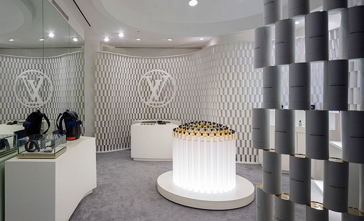 Louis Vuitton has a stunning pop up in NYC that is made of fragrance packaging