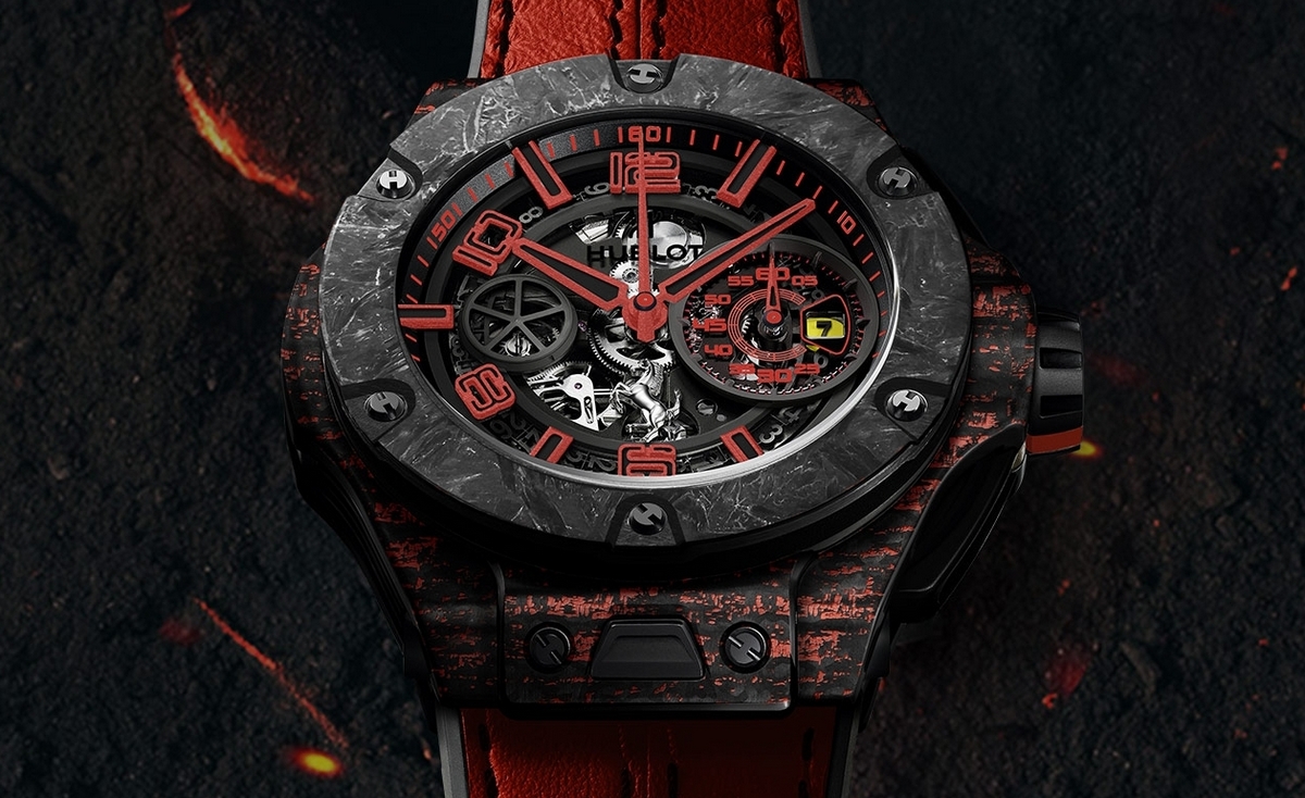 This limited edition Hublot x Ferrari timepiece is made from of carbon fiber from race cars