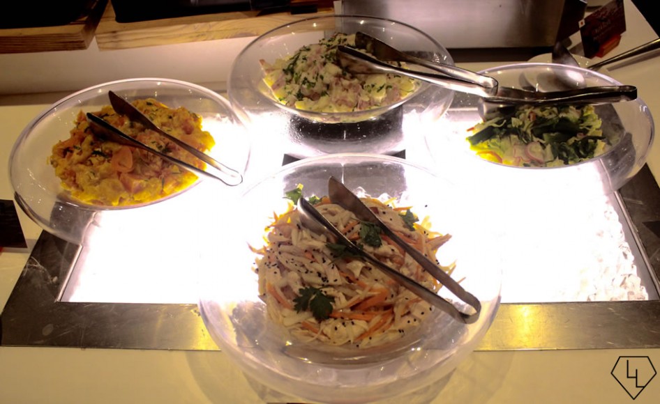 Salads (top clockwise) - Potato and Bacon, Yasai No Asazuke, Namasu, Kabocha