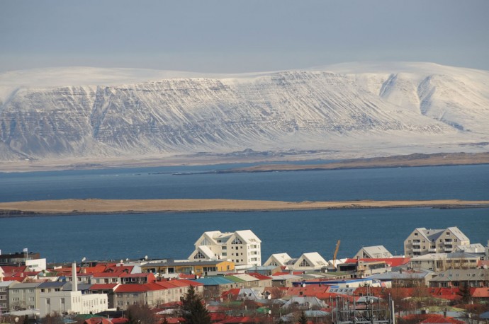 ICELAND-View of Reykjavik and mountains from the observation deck of Perlan (The Pearl)