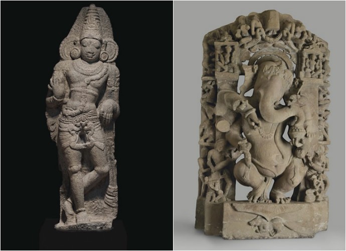 The missing classical pieces- a granite figure of Dvarapala, Tamil Nadu c. 10th century (left) and a sand stone figure of Ganesha c. 10th century from Madhya Pradesh