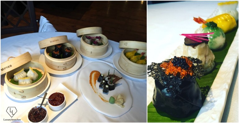 Dim sums in bamboo baskets. & Chive and Oscietra Caviar, Chicken and Truffle, Prawn in Kaffir Lime Pesto