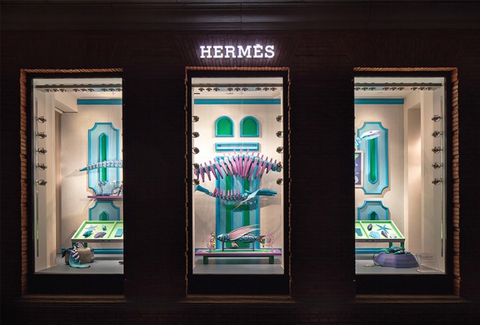 Zim & Zou design Hermes windows with leather insects and birds