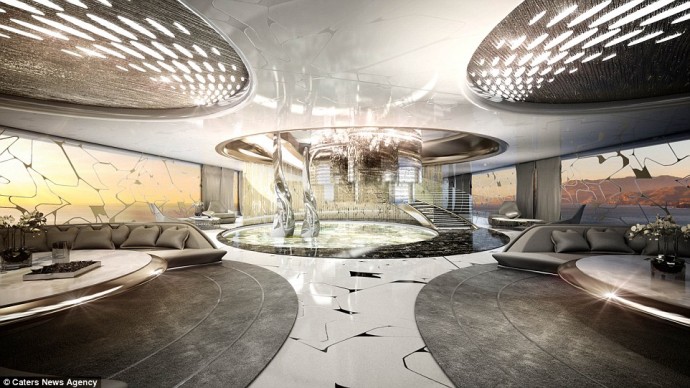The jaw-dropping interior of the mega-yacht will include a double pair of glass lined spiral staircases and floor to ceiling windows to offer panoramic views of the surrounding seas.