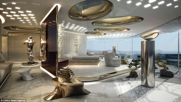 The yacht will include indoor and outdoor pools, sunbeds and bars.