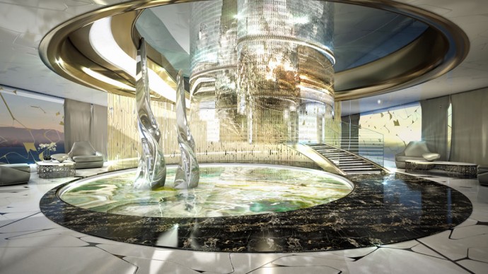 The design rendering of the interior shows glittering fixture hanging over an indoor pond accented by glass sculptures.