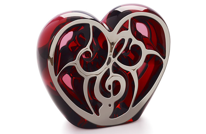 Heart, unique piece, red crystal and platinum enamel