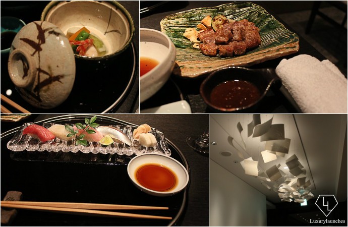 Clockwise from top left- Savory custard, pan-fried pork, entrance, sushi platter at Nadaman