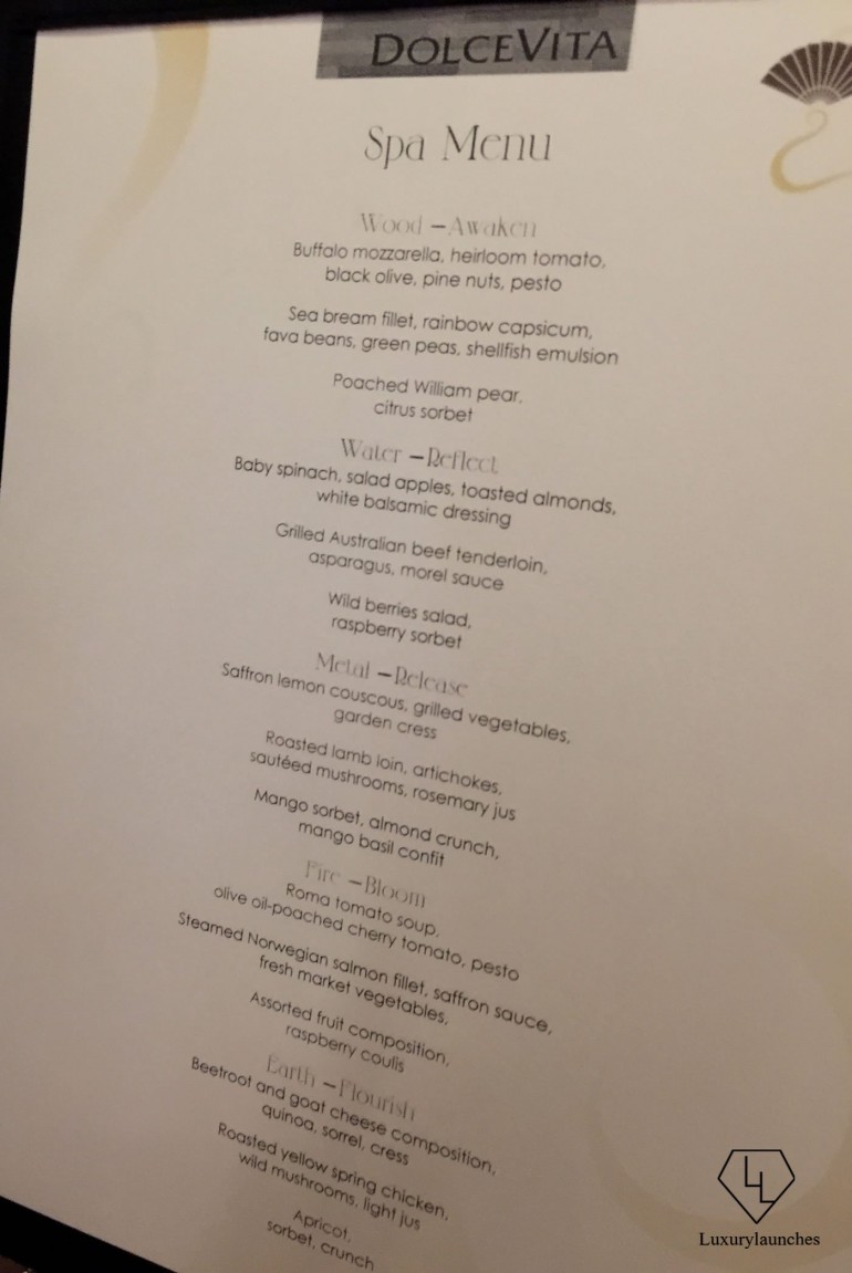 The complete post-spa meal menu prepared by the hotel’s Italian restaurant, Dolce Vita