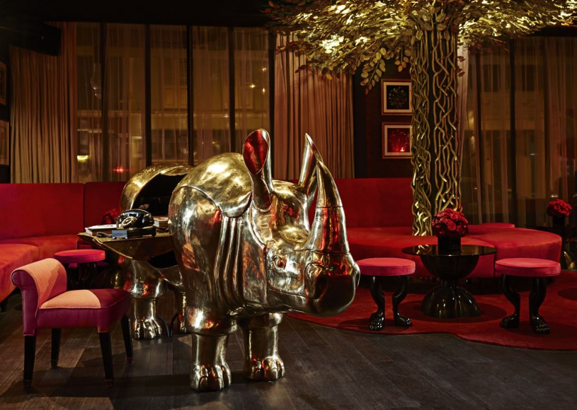 Speaking of different a brass rhino that doubles as a reception desk. 