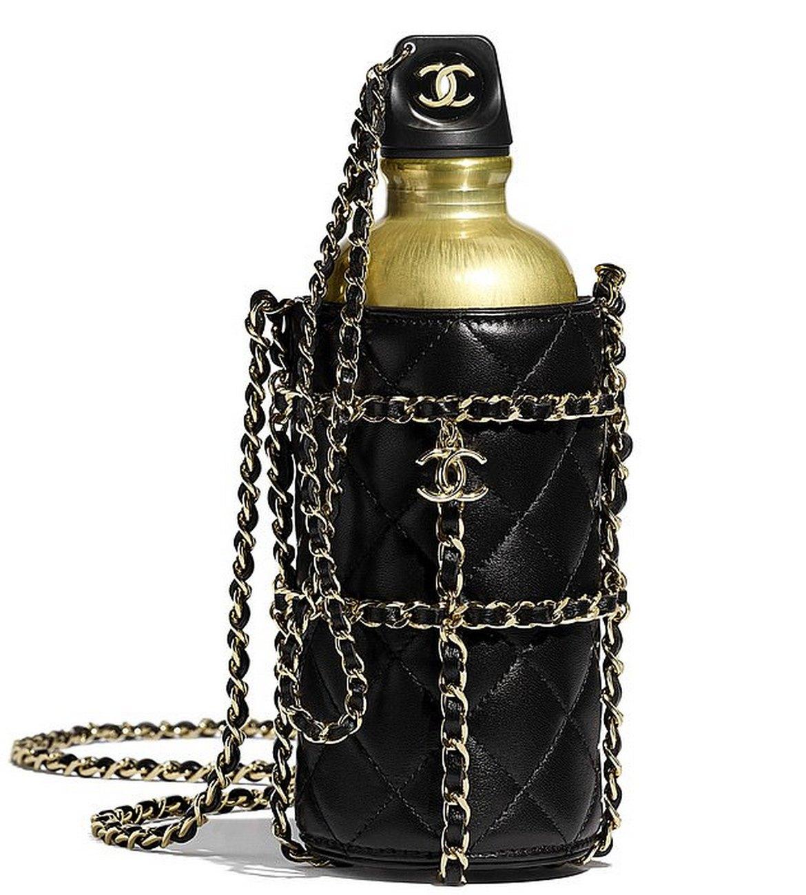 Care for a gold-colored Chanel water bottle with a flask bag for $5800