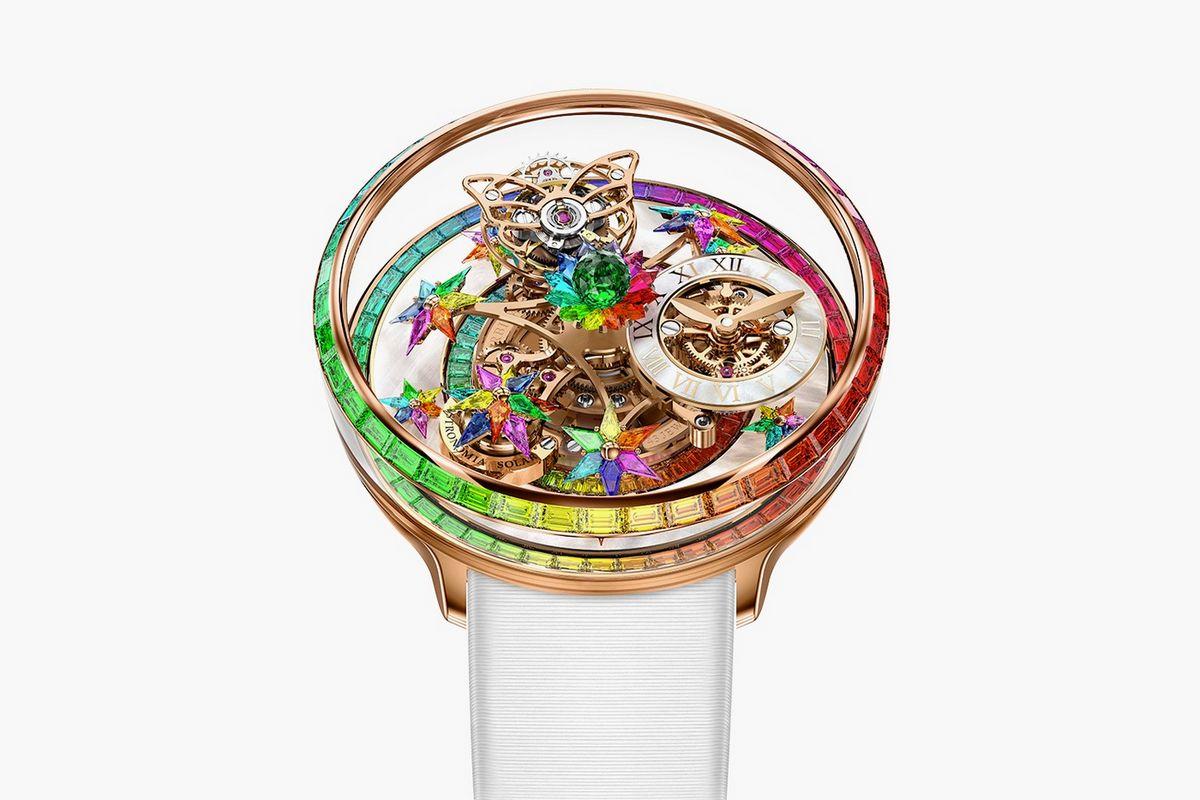 The stunningly beautiful and complicated Jacob & Co. Fleurs de Jardin timepiece gets a hue of rainbow colors