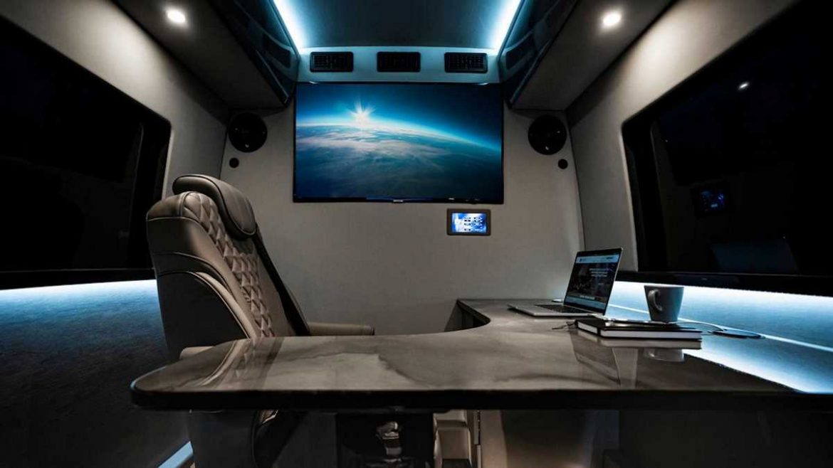 This ultra-luxurious Mercedes Sprinter van is armored and has an office  with a L shaped office desk - Luxurylaunches