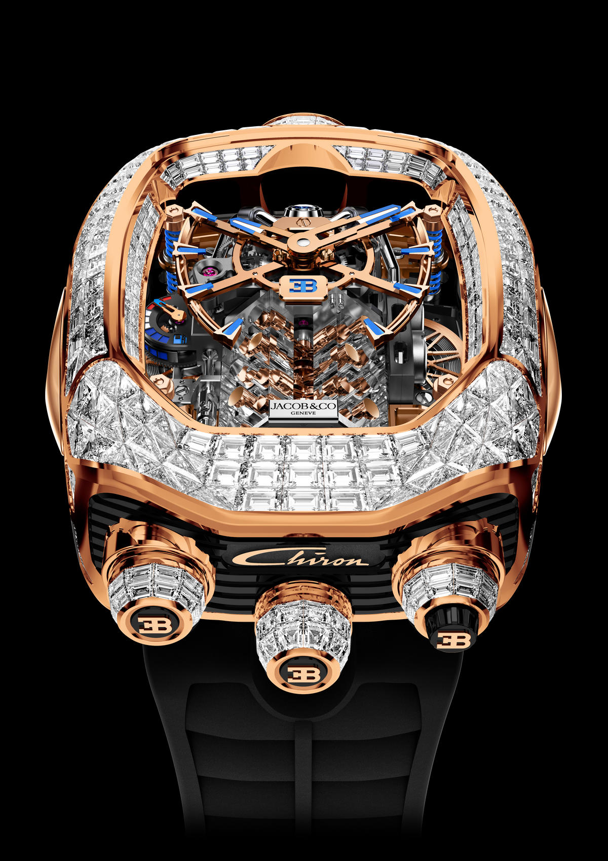 Jacob & Co. reveals four new iterations of the Bugatti Chiron Tourbillon watch with a tiny working W16 engine on the dial