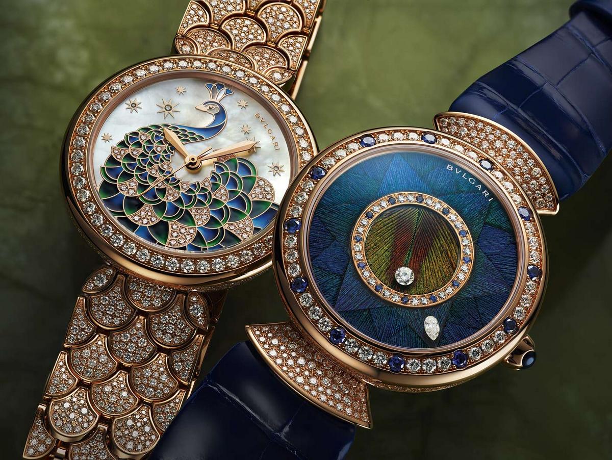 The dial of this gorgeous $68,000 Bulgari watch is decorated from peacock feathers