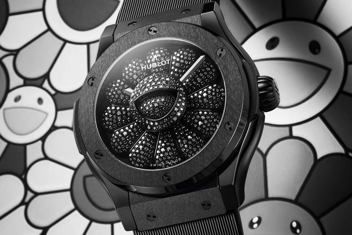 Takashi Murakami has designed an all-black timepiece for Hublot with his signature smiling flower motif