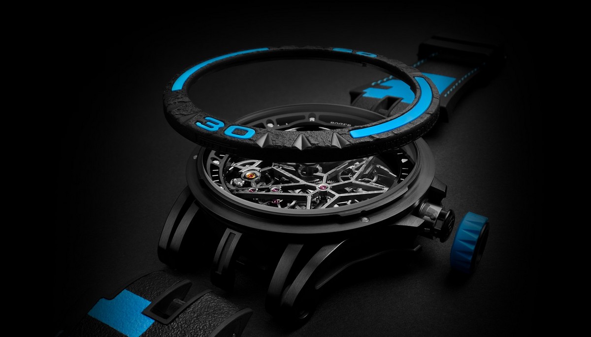 Paying an ode to the pit crew – The Roger Dubuis Excalibur Spider Pirelli watch can be quickly customized with a single click