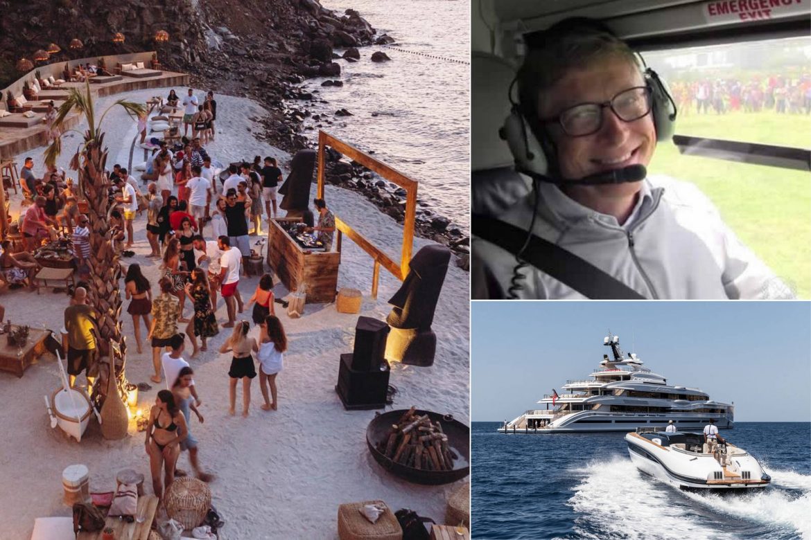 Centibillionaires Jeff Bezos and Bill Gates partied with 50 friends to celebrate the Microsoft founders' 66th birthday on a $300,000 a day private yacht before helicoptering to an elite beach club in