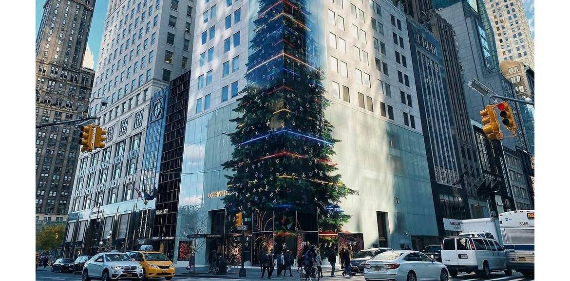 A Christmas tree made of Louis Vuitton items is on display in the