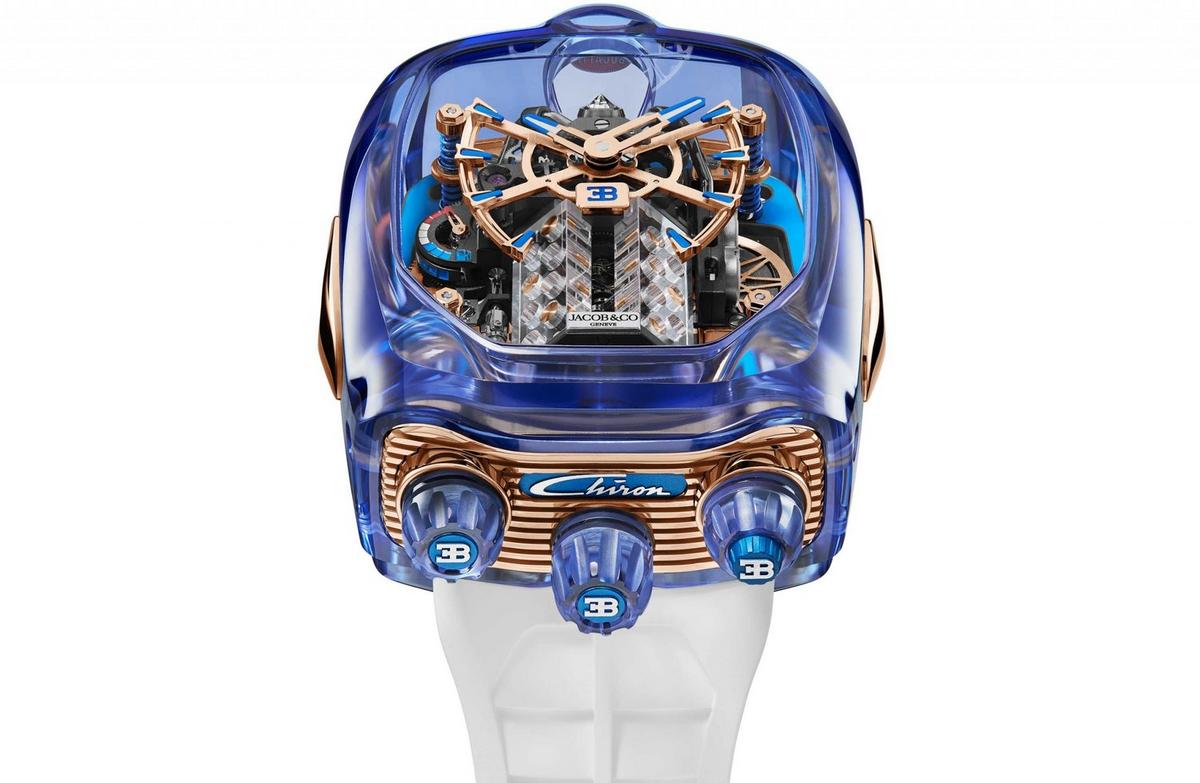 Jacob & Co.?s newest Bugatti Chiron watch is a $1.5 million one-off piece with a transparent blue sapphire case and a miniature W16 engine on the dial