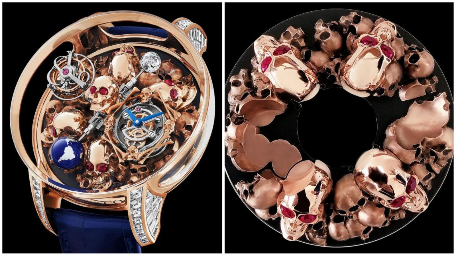 The new $800,000 Jacob & Co. Astronomia 4 Skulls timepiece has a stunning dial decorated with 18K rose gold skulls