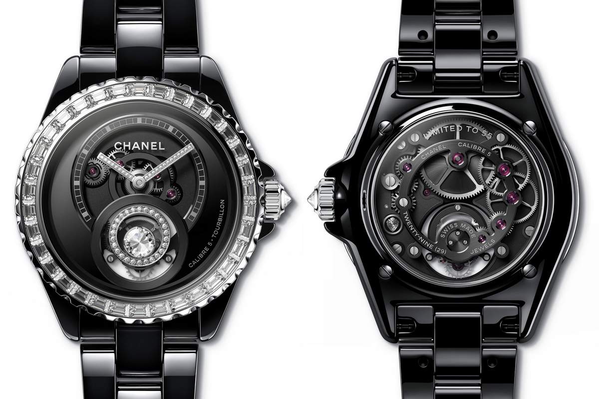 Chanel J12 Flying Tourbillon Black Onyx Dial Black Leather Strap Women's  Watch H3844