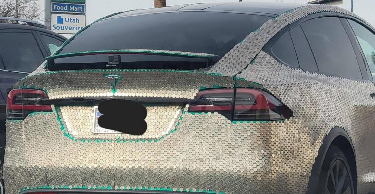 Not Swarovski crystals but a car enthusiast covered his Tesla Model X with thousands of nickels