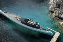 yacht with helipad and submarine