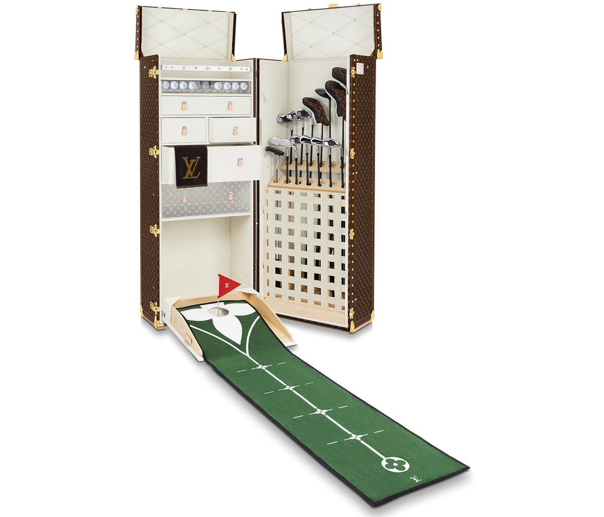 Louis Vuitton presents a golf trunk that comes with a built-in putting mat