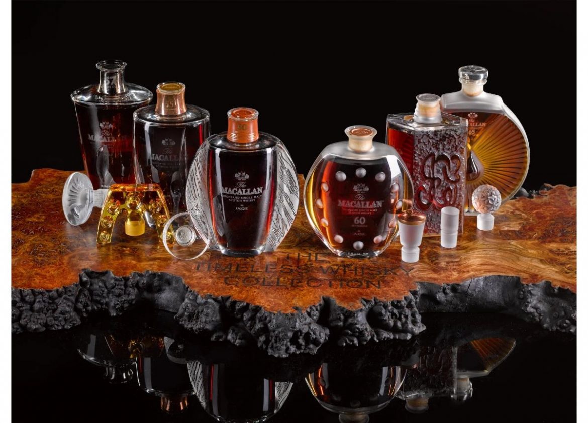 A set of six half-a-century-old Macallan whiskies in Lalique Crystal ...
