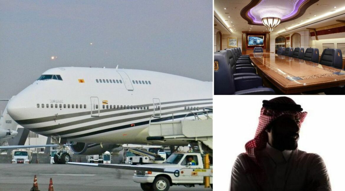 The left image is used for representation. Top right: Conference room of the private Boeing 747.