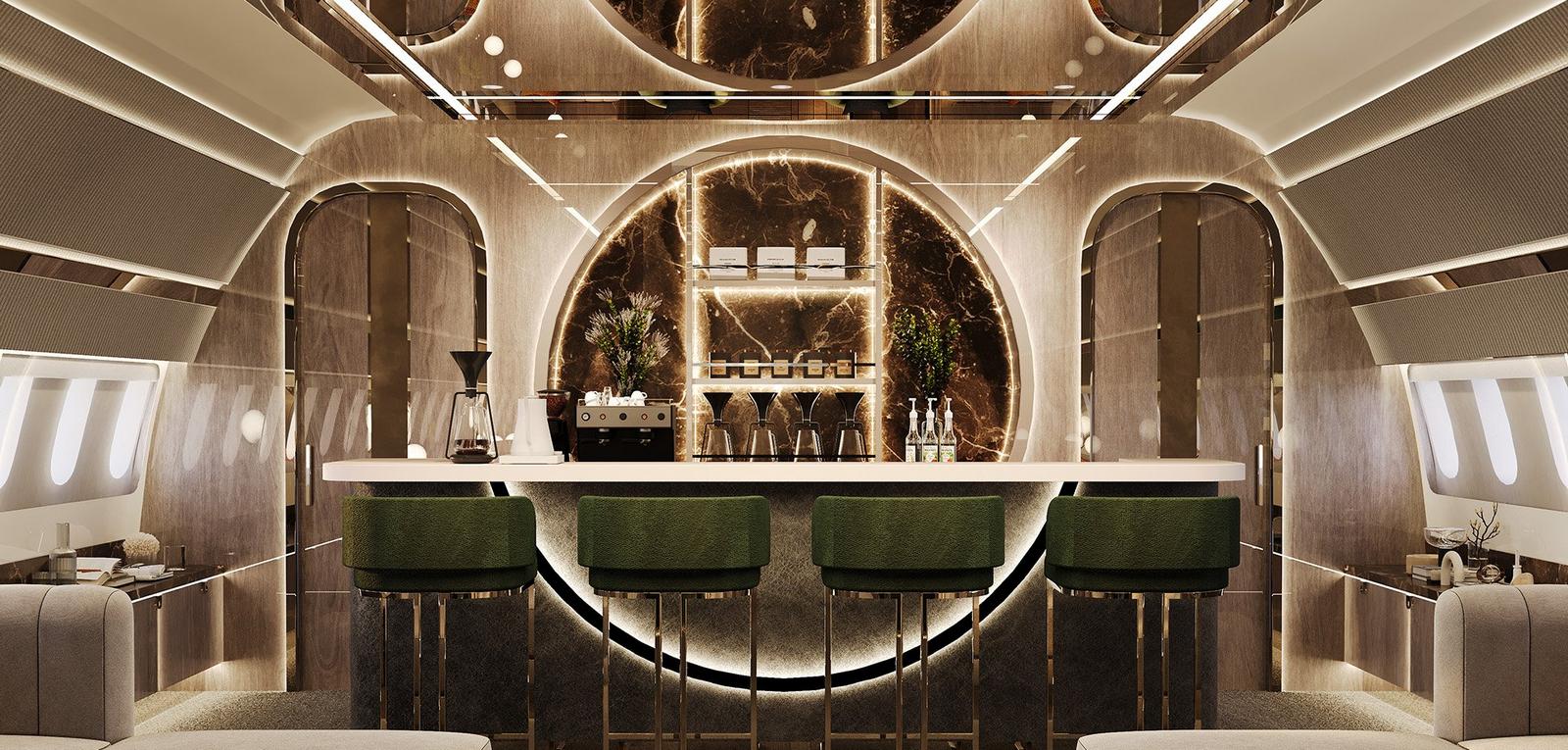 Originally designed to carry 248 passengers, a Texas designer has transformed a Boeing Business Jet 787-8 into a flying boutique hotel. Complete with a sculptural coffee bar, the concept features three bedrooms