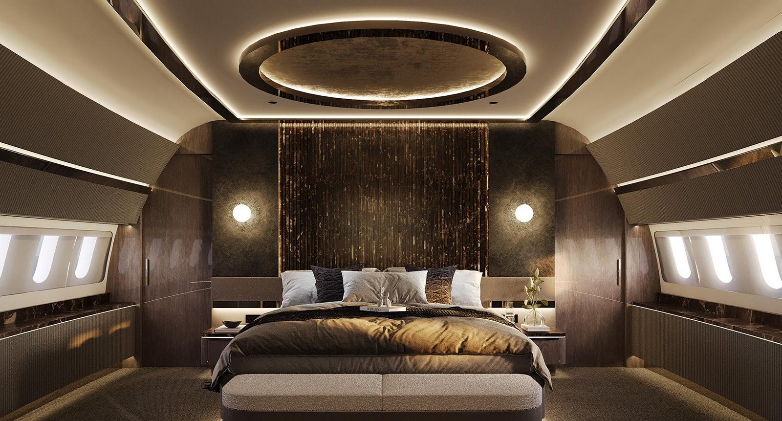 Originally designed to carry 248 passengers, a Texas designer has transformed a Boeing Business Jet 787-8 into a flying boutique hotel. Complete with a sculptural coffee bar, the concept features three bedrooms